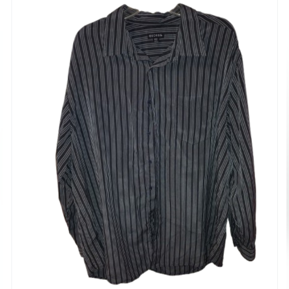 M6) George Men’s 2X (50–52) Black & White Stripe Long Sleeve Button-Down Shirt